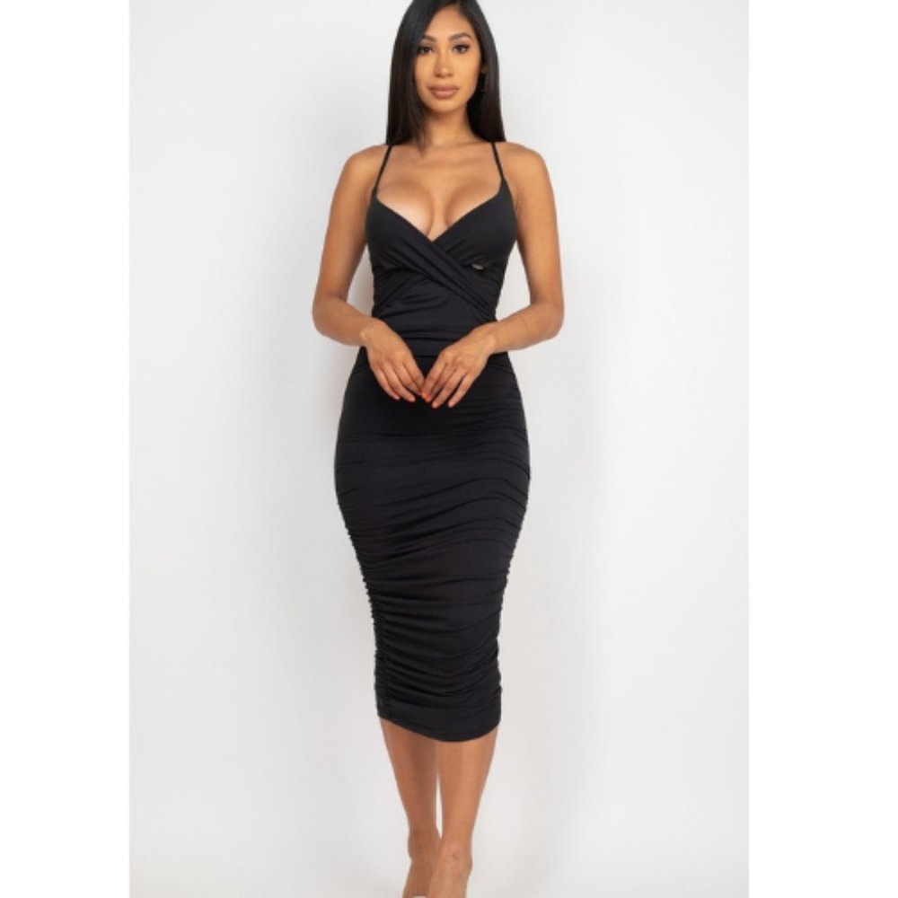 Women’s Black Cross Wrap Ruched Midi Dress